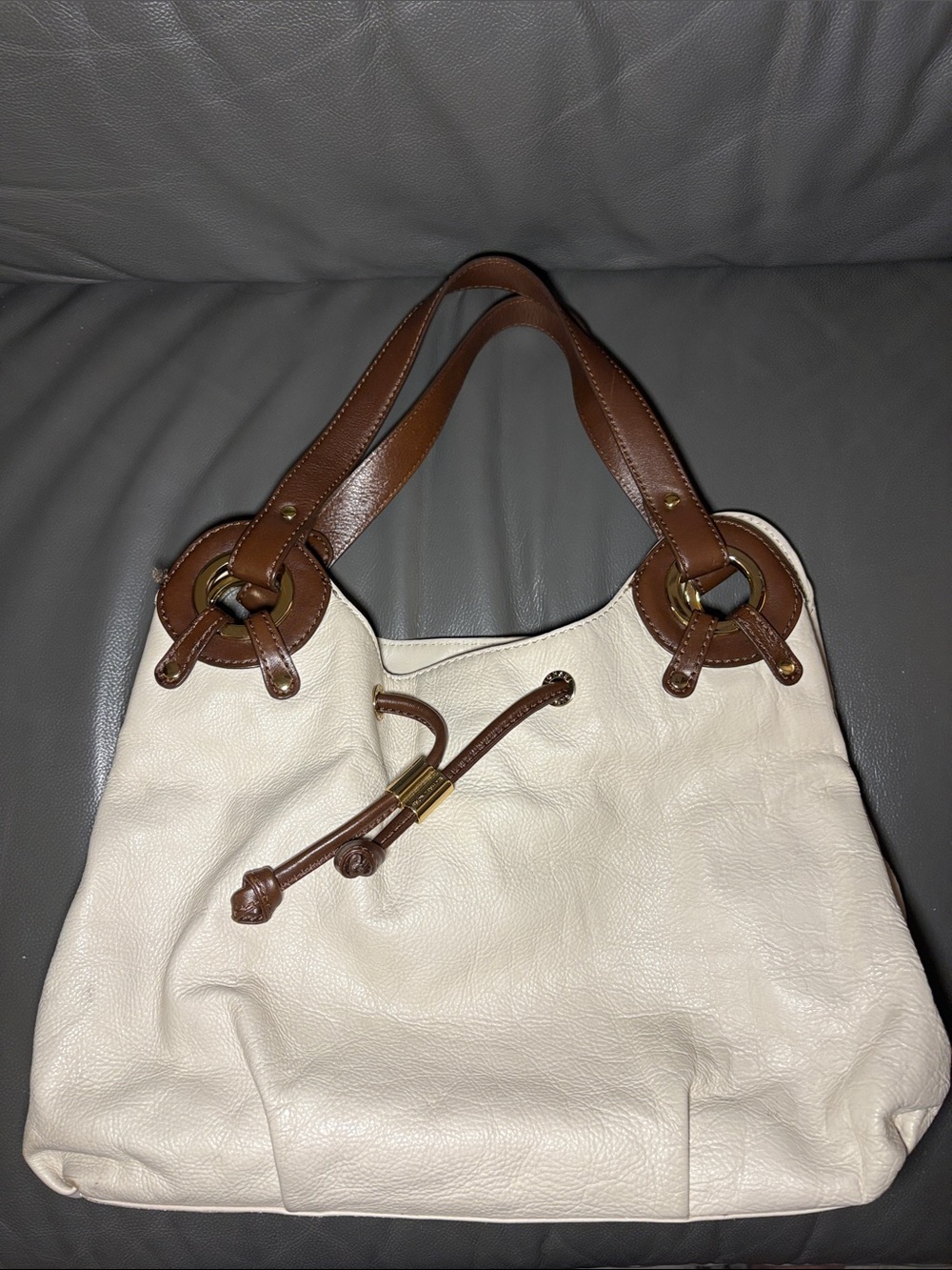 Michael Kors Cream Leather Shoulder Bag with Brown Straps
